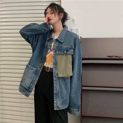Women 's Jacket Autumn Winter 2020 Korean Style Vintage Patchwork Loose Denim Jackets Bf Streetswear All-match Fluffy Jeans Coat