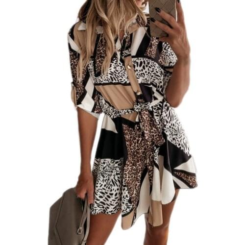 Women Dresses Autumn Turn-down Collar Leopard Patchwork Print Long Sleeve Mini Dress Womens Clothing 2021
