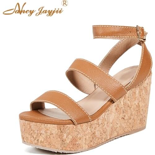 Summer Brown Sandals Woman Platform Shoes For Ladies Cork Open Toe High Wedges Heels Footweat 2019 Large Size 11 13 Casual Dress