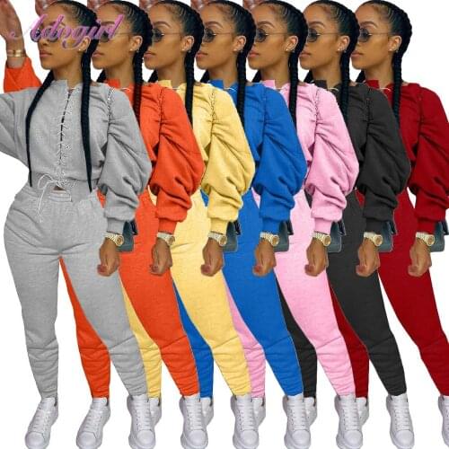 Women Workout Two Piece Set Autumn Solod Long Sleeve Bandage Crop Tops Sweatshirt Joggers Pants Suit Outfit Sportwear Tracksuit