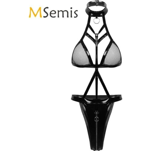 Womens Lingerie Mesh Patent Leather Bodysuit Hollow Out Halter Neck O-Ring Strappy Underwear Nightclub Performance Costume
