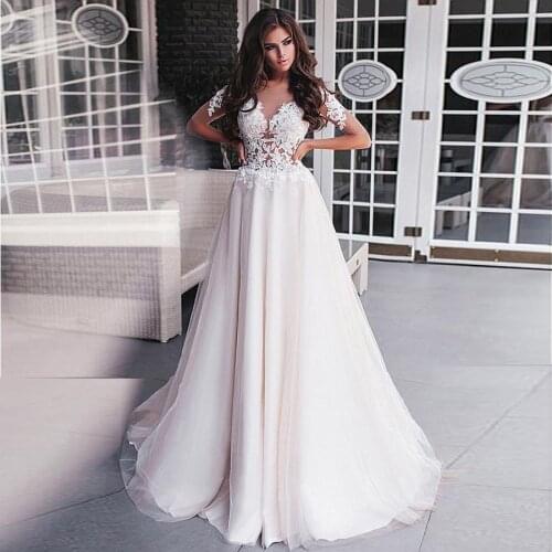 Unique Tulle Plus Size A-line Wedding Dresses Short Sleeves Applique Lace Bridal Dress vestidos de novia sirena