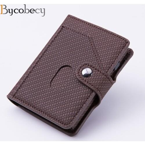 Bycobecy 2020 Automatic Pop-up Hasp Smart Wallet Luxury Fashion Card Holder RFID Anti-theft Aluminum PU Leather Business Purses