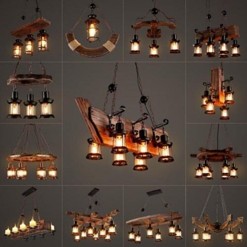 Antique Industrial Retro Wood E27 Ceiling Light Creative LOFT Bar suspension luminaire Vintage living room lights lustre