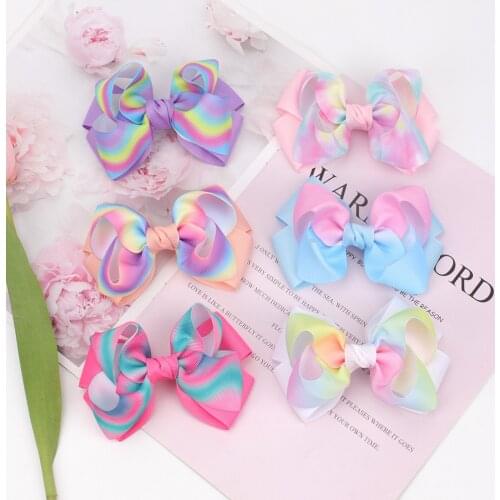 4" Rainbow colors Hair bow with Clips Kids Tie dye hair accessories Boutique Sweet Hairpins Grosgrain Ribbon Barrettes 6 colors
