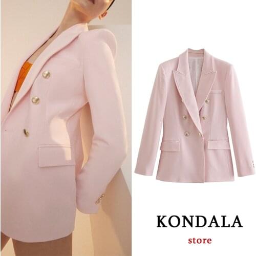KONDALA Women Chic Pink Oversized Blazer Za 2021 Office Lady Double Breasted Solid Pockets Long Jackets V Neck Elegant Mujer Top