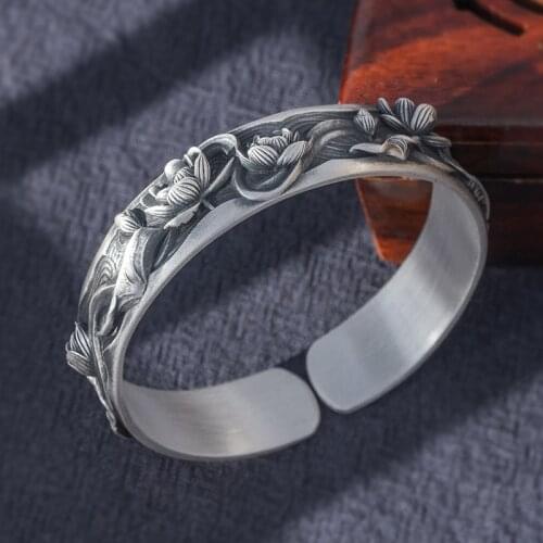 BOCAI 2021 Fashion 100% S999 pure silver wide bracelet Woman Retro Three-dimensional Lotus Man Silver Bracelet Qriginal Handmade