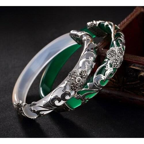Hand-carved 925 sterling silver peacock green chalcedony retro high-grade for women bangle inlaid Thai silver bracelet
