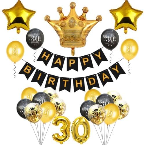 Black Gold Number 16 18 30 40 50 60 Gold Crown Black Happy Birthday Banners Set Confetti Latex Balloons Birthday Party Supply