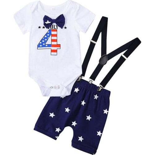 Independence Day Baby Boys Clothes Outfit Summer Creative Star Number Printing Short Sleeve Romper With Bow Suspender Trousers