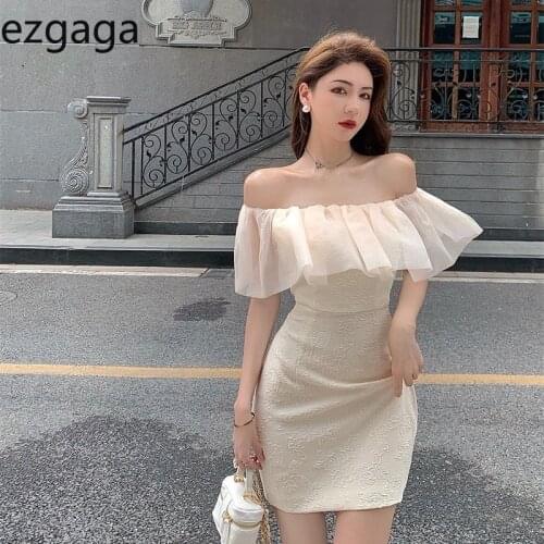 Ezgaga French Style Off Shoulder Sexy Dress Women Mesh Patchwork Slim High Waist Floral Elegant Female Summer 2021 Party Dress