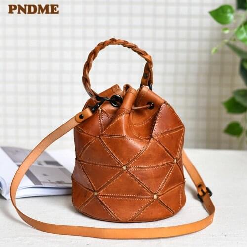 PNDME vegetable tanned leather stitching geometric bucket bag retro handmade Genuine leather ladies small messenger shoulder bag