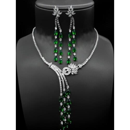 Zlxgirl jewelry Blue Green Red cubic zirconia wedding necklace earring bridal jewelry sets peacock shape copper necklace sets