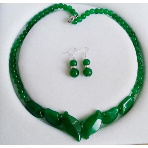 Fashion Green Emerald Gems tone Pendants Necklace Silver Earrings Set 18"