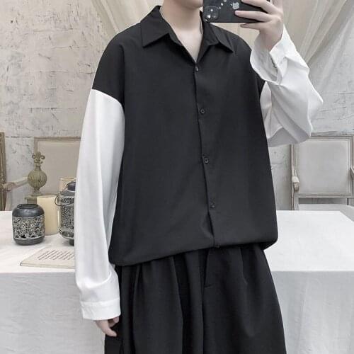 2021 Mens Stitching Color Casual Shirts Loose Simple Long Sleeve Tops Fashion Trend Streetwear Camisa Masculina Size M-2XL