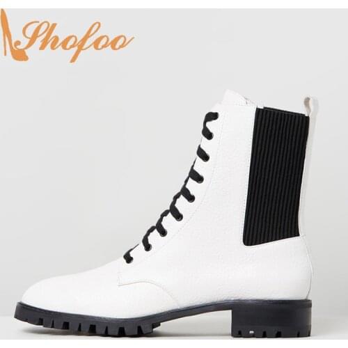 Shofoo White Black Mixed Colors Med Heels Pointed Toe Boots Woman Large Size 11 15 For Ladies Winter Fall Lace Up Shoes Fashion