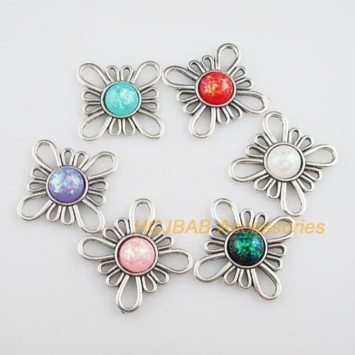 6Clover Flower Resin Connectors AB Shivering Mixed Tibetan Silver 31.5mm
