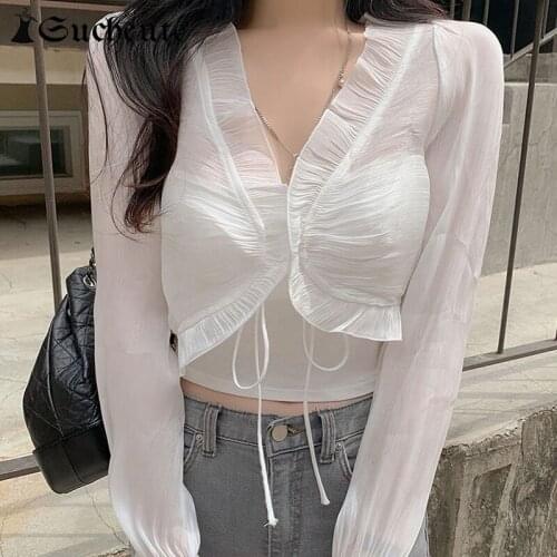 SUCHCUTE Aesthetic Women White T-shirts Mesh Long Sleeve Ruffles Harajuku Korean Casual Fashion Cropped Top V Neck Kawaii Tees