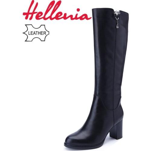 Hellenia Black Grey Geniune Leather kid Suede wool Fur Spring Winter warm shoes Boots Knee-High Heel Platform Brand Long shoe