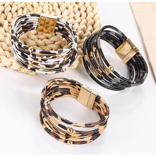 Vintage Leopard Bracelets For Men Magnet Buckle Leather Beaded Hand String 2021 Charm Fashion Accessories Display Bangles