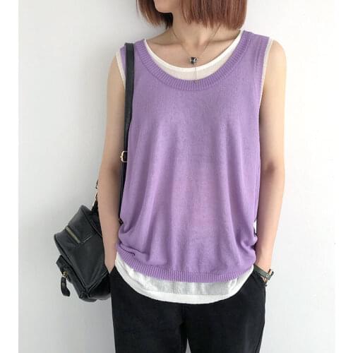 Knit Vest Tops Women Summer Sleeveless Linen 2021 New Loose Color Matching Fake Two Piece Sling Sweater Jumper T-Shirt zh1031