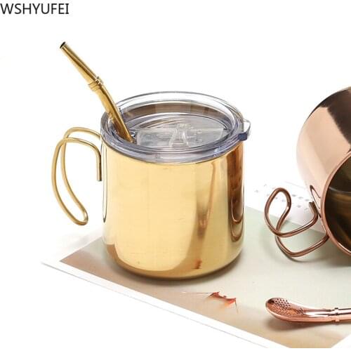 WSHYUFEI Double-layer Stainless Steel Golden Coffee Cup Breakfast Cup Couple Mug Milk Afternoon Tea Cup Holiday Birthday Gifts
