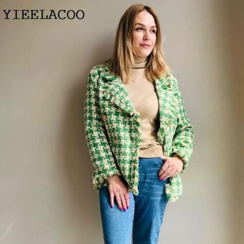 Green Plaid Coat Bohemia 2020 Spring/Autumn Womens Coat Jacket Tweed Burrs Houndstooth Pattern Long-Sleeved Jacket
