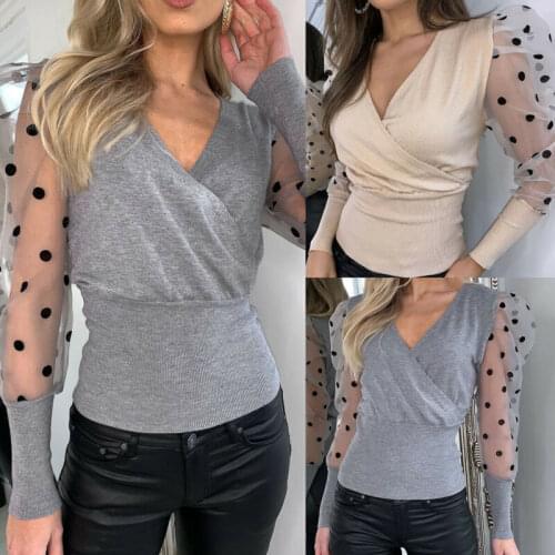 2020 Summer/Spring Women V Neck Mesh Puff Long Sheer Sleeve Sweater Top Pullover Shirts S-XL