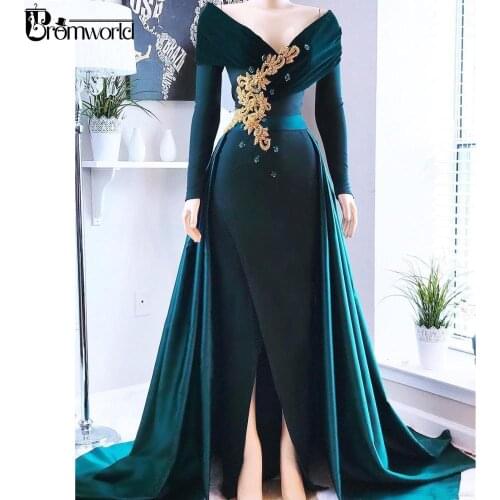 Elegant Hunter Green Muslim Evening Dress 2020 Dubai Islamic Arabic Satin V-Neck Long Sleeve Women Formal Dress robe de soiree