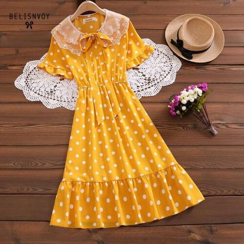 Preppy Style Summer Chiffon Midi Dress Lace Peter Pan Collar Polka Dot Printed Vintage Dress Women Bow Ruffles Vestidos