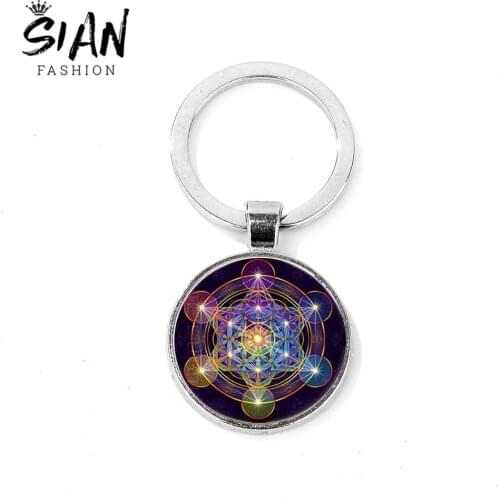 SIAN Metatron Cube Keychain Sacred Geometry Spirit Key Chain Flower of Life Chakra Magic Hexagram Art Photo Glass Dome Key Ring