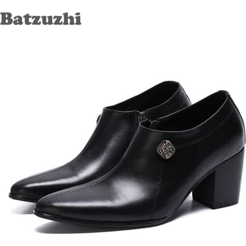 Batzuzhi 7.5CM High Heel Men Boots Pointed Toe Black Genuine Leather Ankle Boots Men Party and Wedding Footwear Zapatos Hombre