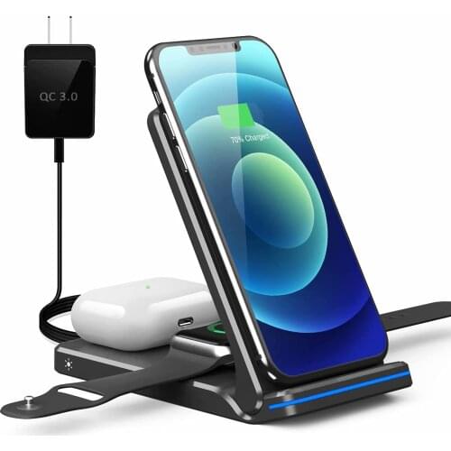 Wireless Charger 3in1 Wireless Charging Station Qi Fast Charger Stand for IPhone 12/11/Pro/Max/XR/XS/XS Max/X /8/8 Plus Iwatch