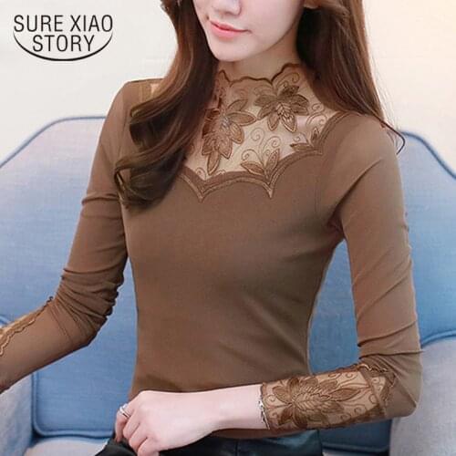 Plus size women tops sexy hollow Mesh lace blouse shirt fashion womens tops and blouses long sleeve women shirts blusas 2304 50