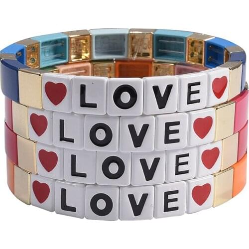 Bohemia Enamel Tila Tile Beads Bracelet LOVE Letter Rainbow Women Stackable Bangle Girl Beach Jewelry Bracelet