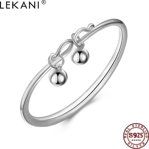 LEKANI Genuine 925 Sterling Silver Minimalist Bangles For Women Round Bead Hanging Charm Bangle Fine Jewelry Anniversary Gift