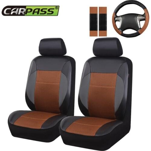 Car-pass Brand Luxury PU Leather Universal Car Seat Cover 2 Front Seat Covers Fit Most Cars Covers With Steering Wheel Cover
