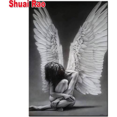 Black White Angel 5d diy diamond painting full square round diamond embroidery Cross Stitch wing Woman paintings Wall Art