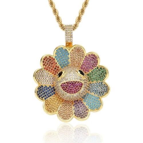 Flower Bloom Rotatable Pendant MSDZ0157 Hip Hop Iced Out Bling Necklace Rapper Jewelry Cubic Zirconia Gold Sliver