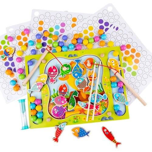 2 IN 1 Children Magnetic Games Fishing Toy Color Cognition Bead Clipping Wooden Toys Game Kids 3D Fish Baby Montessori Education
