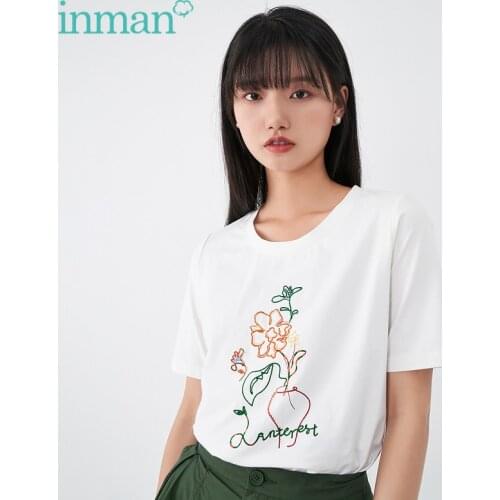 INMAN Summer Womens Cotton T-Shirt High-Tech Wormwood Hygroscopic Breathable Antibacterial Bead Embroidery Round Collar Top