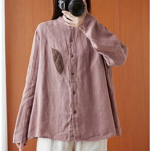 Cotton Linen Patchwork Vintage Blouses Plus Size Autumn New Arts Style Women Long Sleeve Loose Shirts Turn-Down Collar
