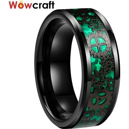 6/8mm Tungsten Black Rings for Men Women Wedding Bands Green Opal Gear Inlay Comfort Fit