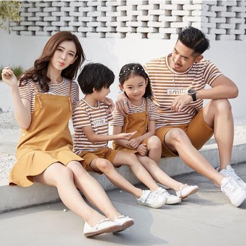 Family Matching Clothes Set Kids Girls Strap Dress Children Casual Clothing Sets Kids Striped Cotton T Shirt Family Clothing Set
