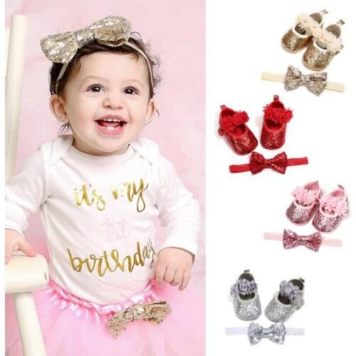 Newborn Infant Baby Girls Boys Summer Crib Shoes 3 Style Sequined Floral Flat With Heel Hook Princess Shoes+Headband 2PCS