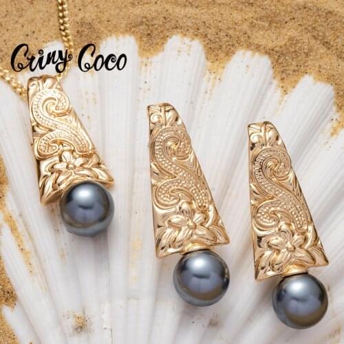 Cring Coco Hawaiian Polynesian Jewelry Sets Pink Gray Brown Pearl Geometric Samoa Marshall Necklace Earrings Set for Women 2021