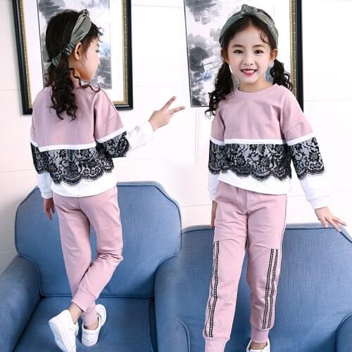 Girls Sets Spring and Autumn The New Cool Female School Student Hit Color Shoulder Sleeve Lace Lace Sport Pure Cotton Two Suits