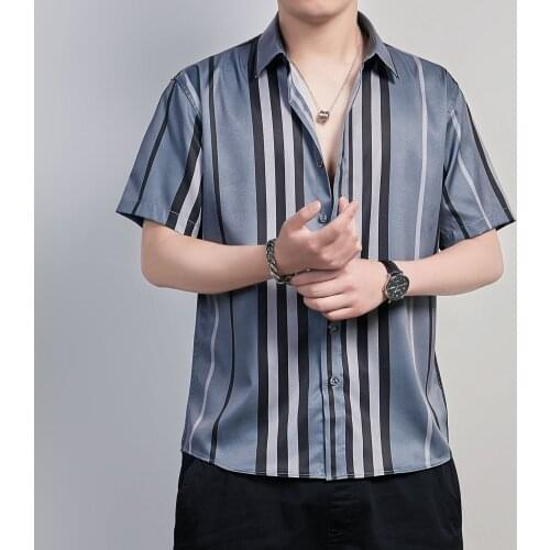 Summer Mens Shirt Top Casual Short Sleeve Hawaiian Shirts Striped Print Cool Thin Shirts for Men Dress Male Clothing Korean Tops