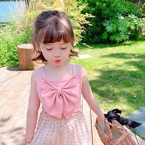 Girls Korean Sweet Bow Clothes Baby Kids Sleeveless Cute Tops 2021 Summer Baby Girl T-shirts Vest 0-5 Years Children Clothing