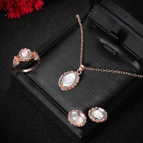 Trendy Opal Jewelry Sets For Women Rose Sweet Color Pendant Necklaces Ring Earrings Set Wedding Jewelry Gifts